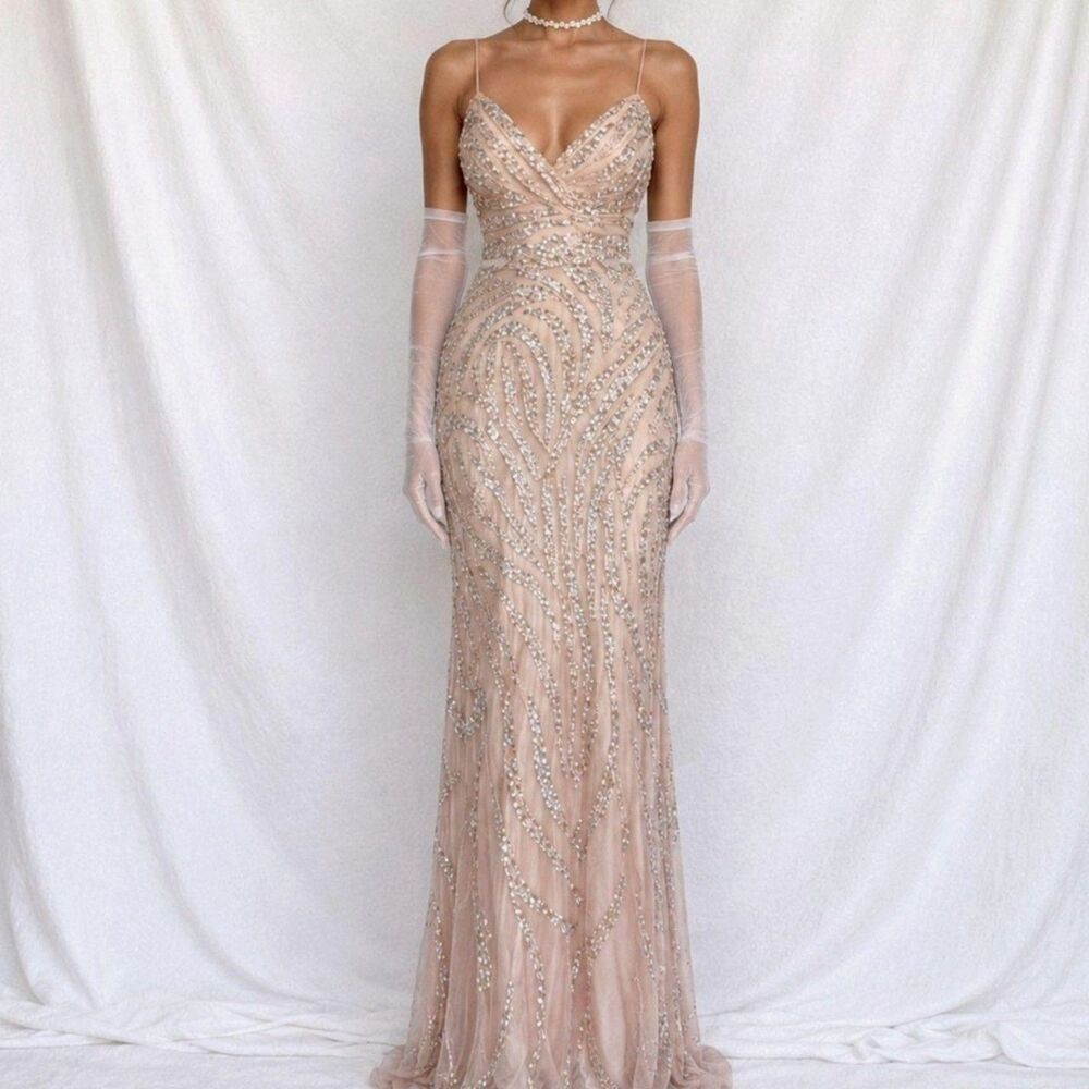 Vintage Y2K 90s Beige Nude Beaded Fit Flared Maxi Formal Prom Dress Size S/M